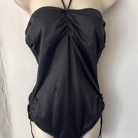 Vintage Woman's Black Bathing Suit One Piece Swimwear with Ties on Side - Large - Picture 1 of 3